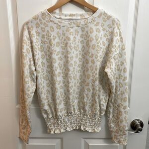Tan Leopard Crew Neck Pullover Sweatshirt with Smocked Waist